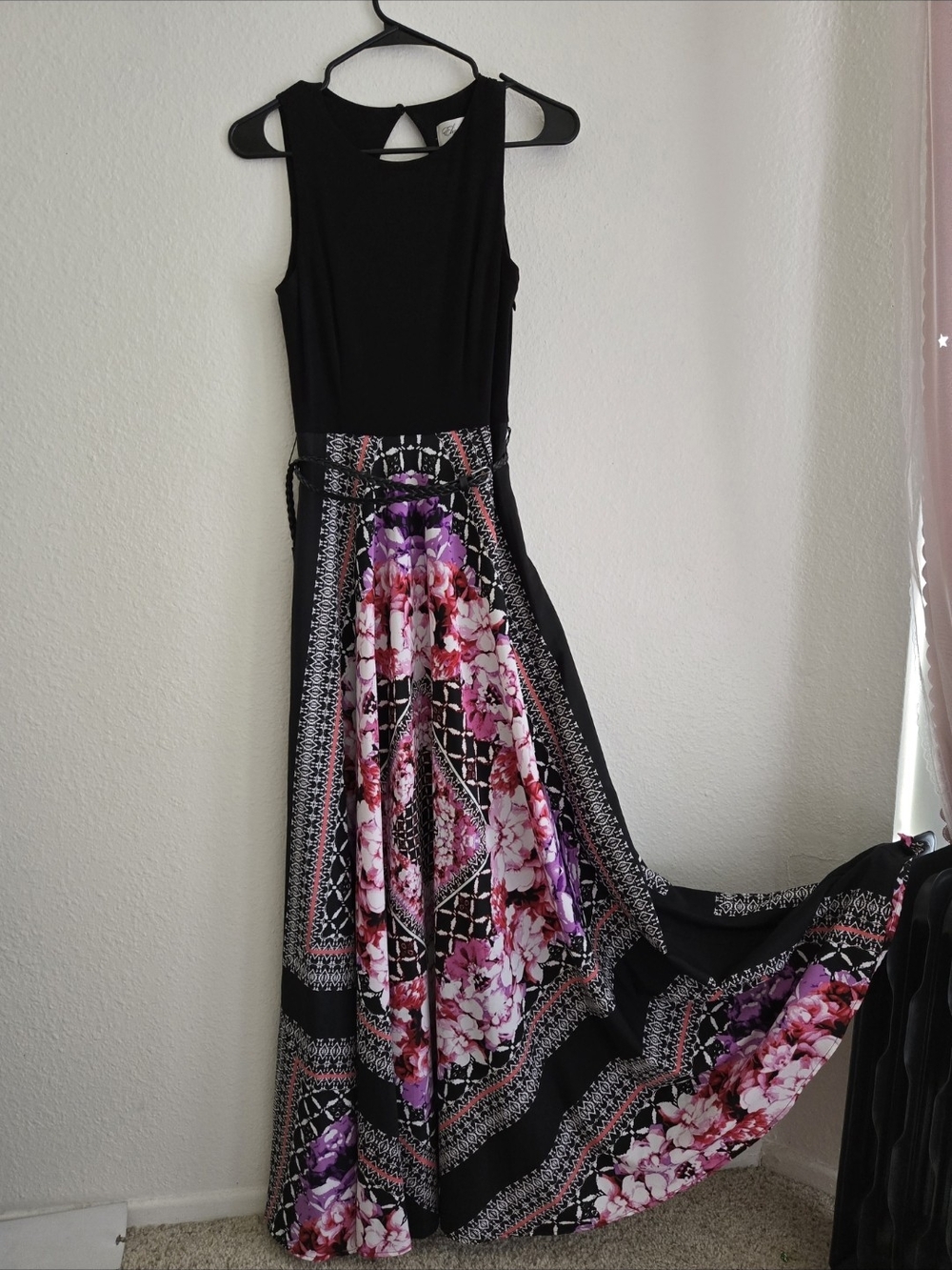 Eliza J Belted Black Maxi Dress with Pink and Purple Floral Skirt